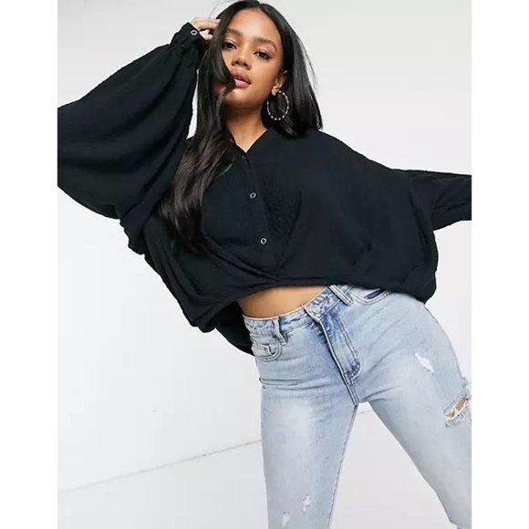 Free People We the Free Rockaway Oversized Crop Long Sleeve Shirt Black Size M - Picture 9 of 11